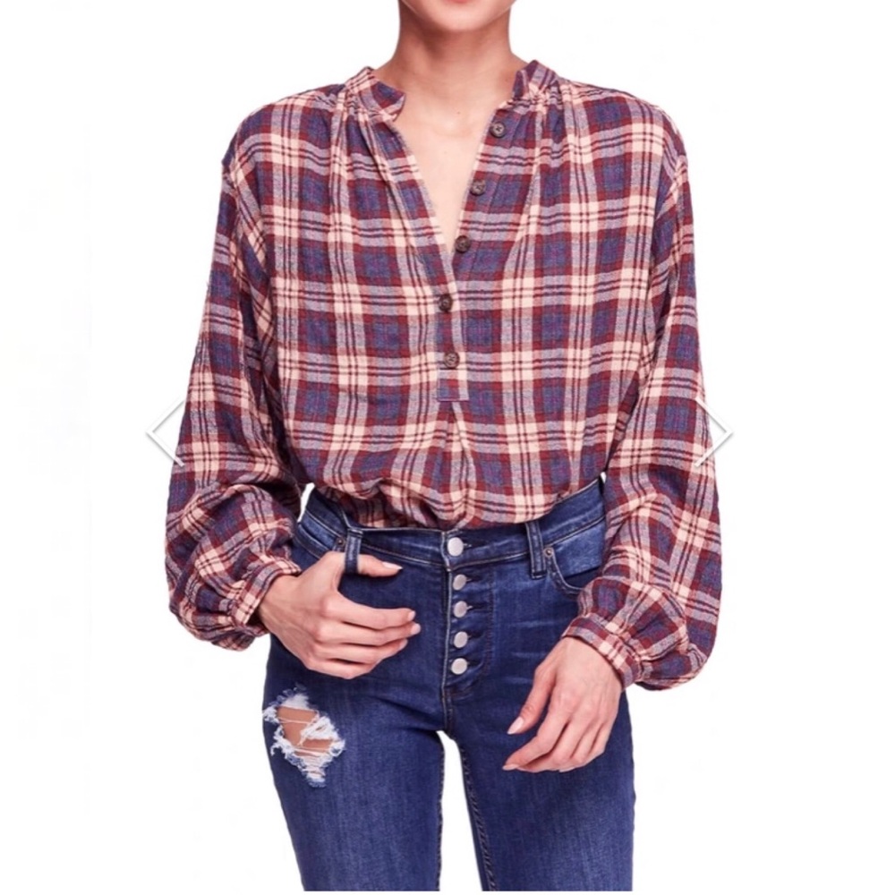 Free People Red Flannel Bell Sleeve Flannel Top S